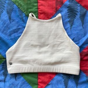 Cream check, high neck, open back
sports bra